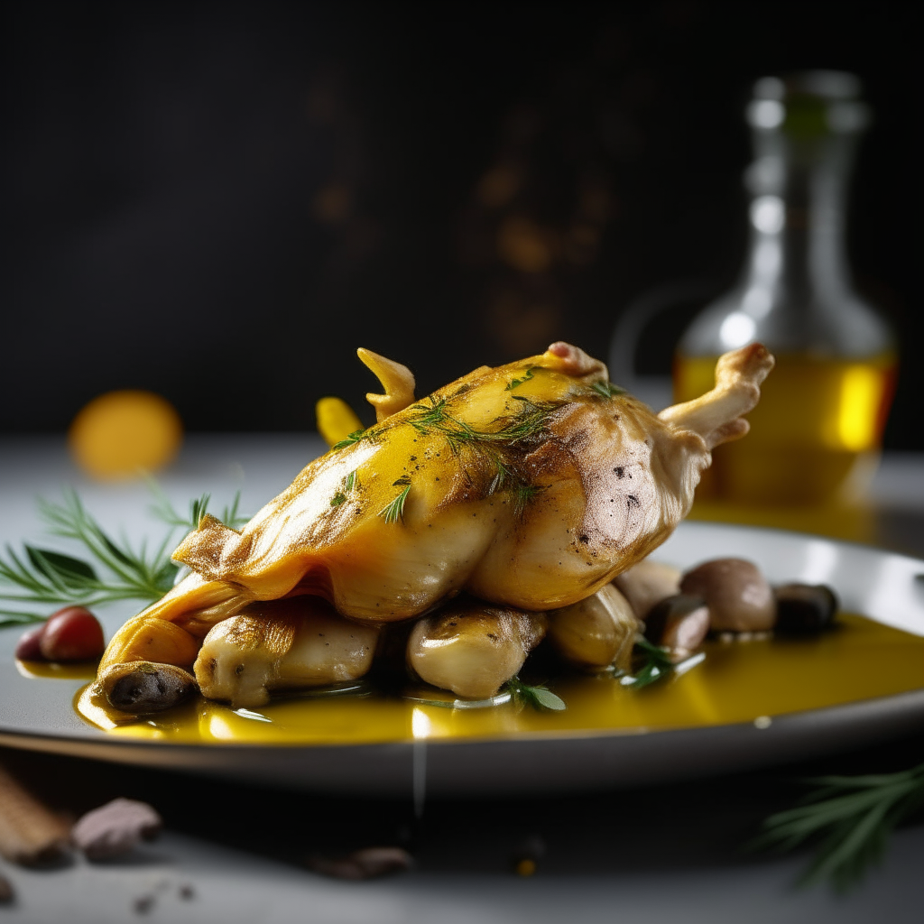 Pile of Mediterranean olive-oil drizzled chicken on a plate, shot at a 45 degree angle, razor sharp focus, natural lighting