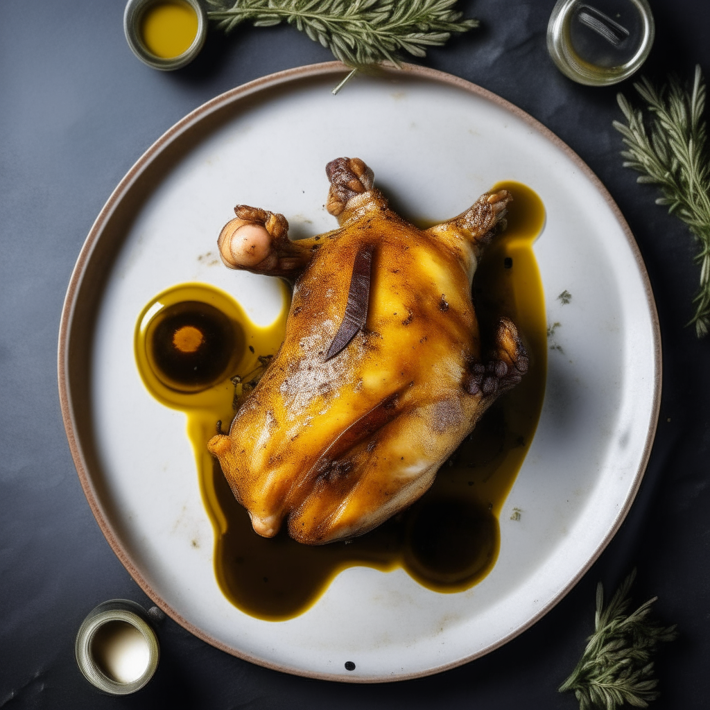 Top down view of Mediterranean olive-oil drizzled chicken on a plate, very detailed and completely in focus, bright studio lighting