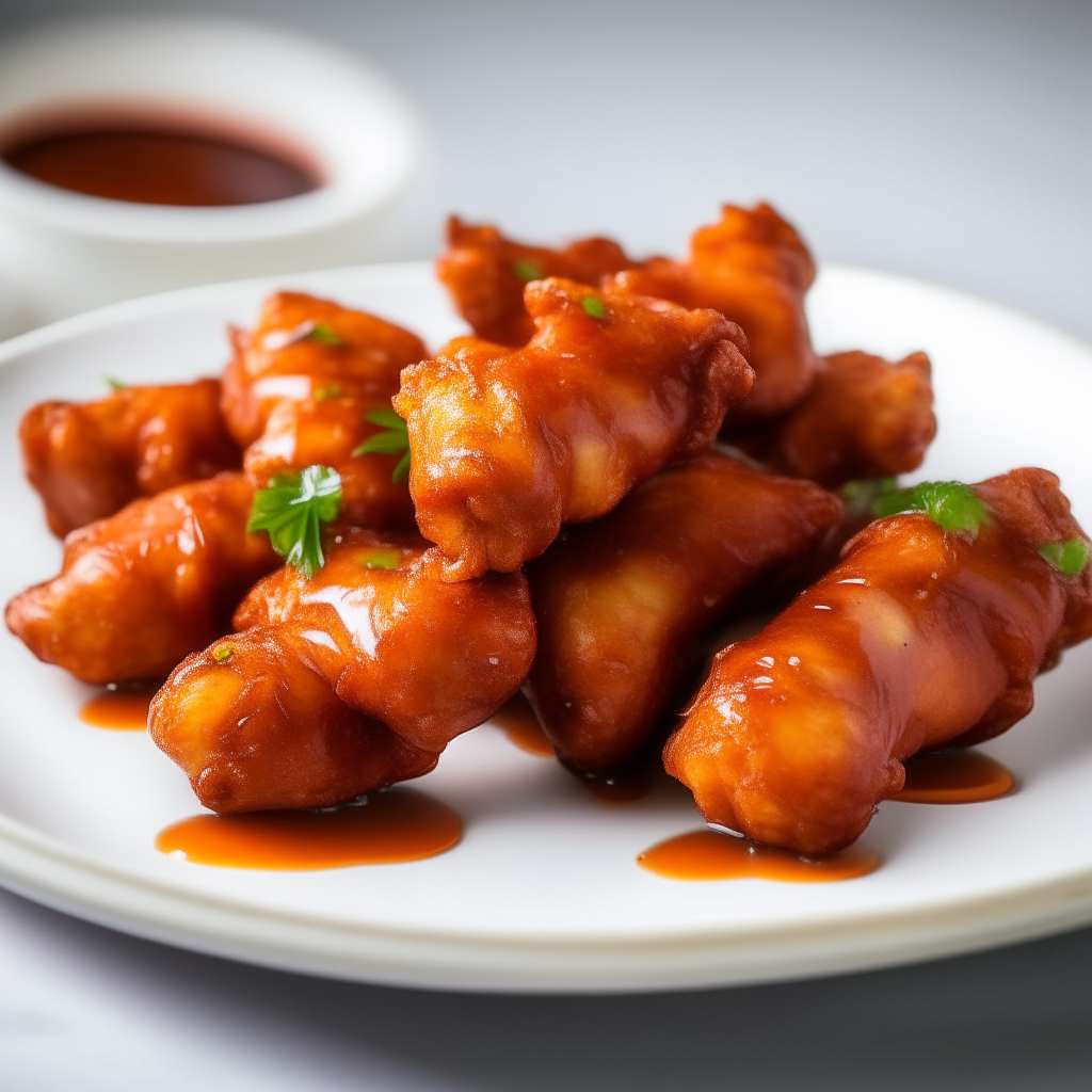 Maple-sriracha chicken drumettes arranged on a white plate, extremely sharp focus, bright studio lighting