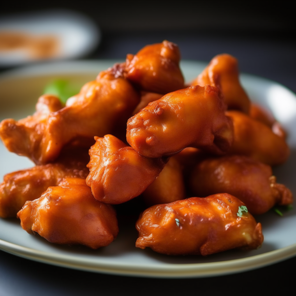 Pile of maple-sriracha chicken drumettes on a plate, shot at a 45 degree angle, razor sharp focus, natural lighting