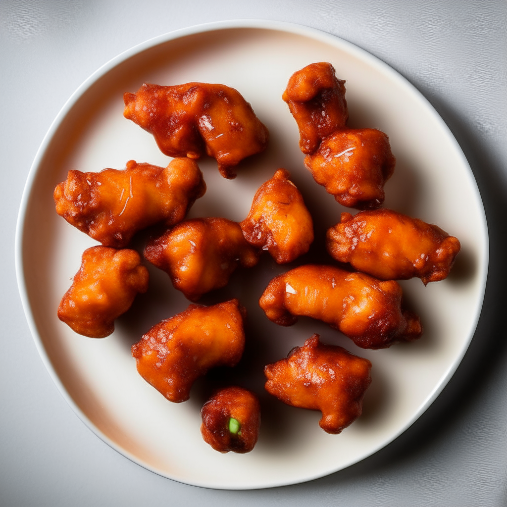 Top down view of maple-sriracha chicken drumettes on a plate, very detailed and completely in focus, bright studio lighting