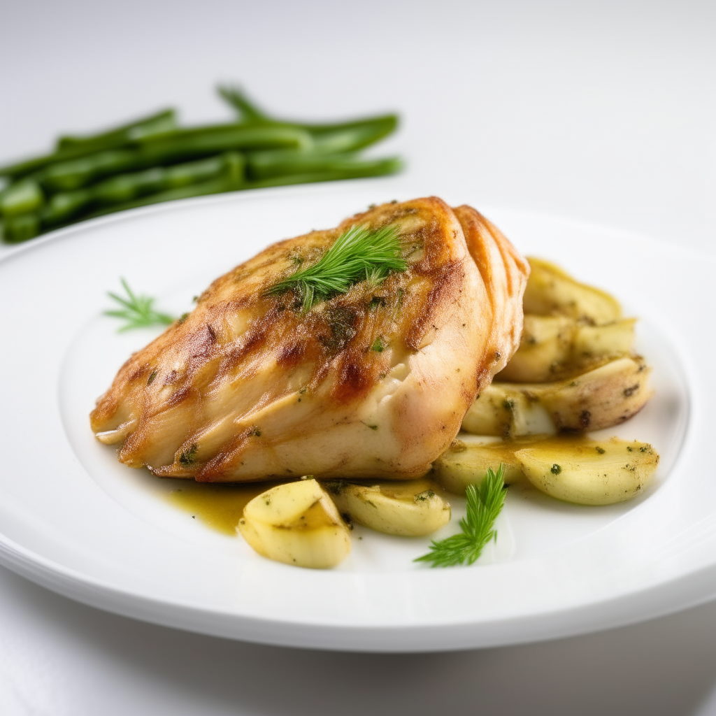 Garlic herb chicken mini roast arranged on a white plate, extremely sharp focus, bright studio lighting