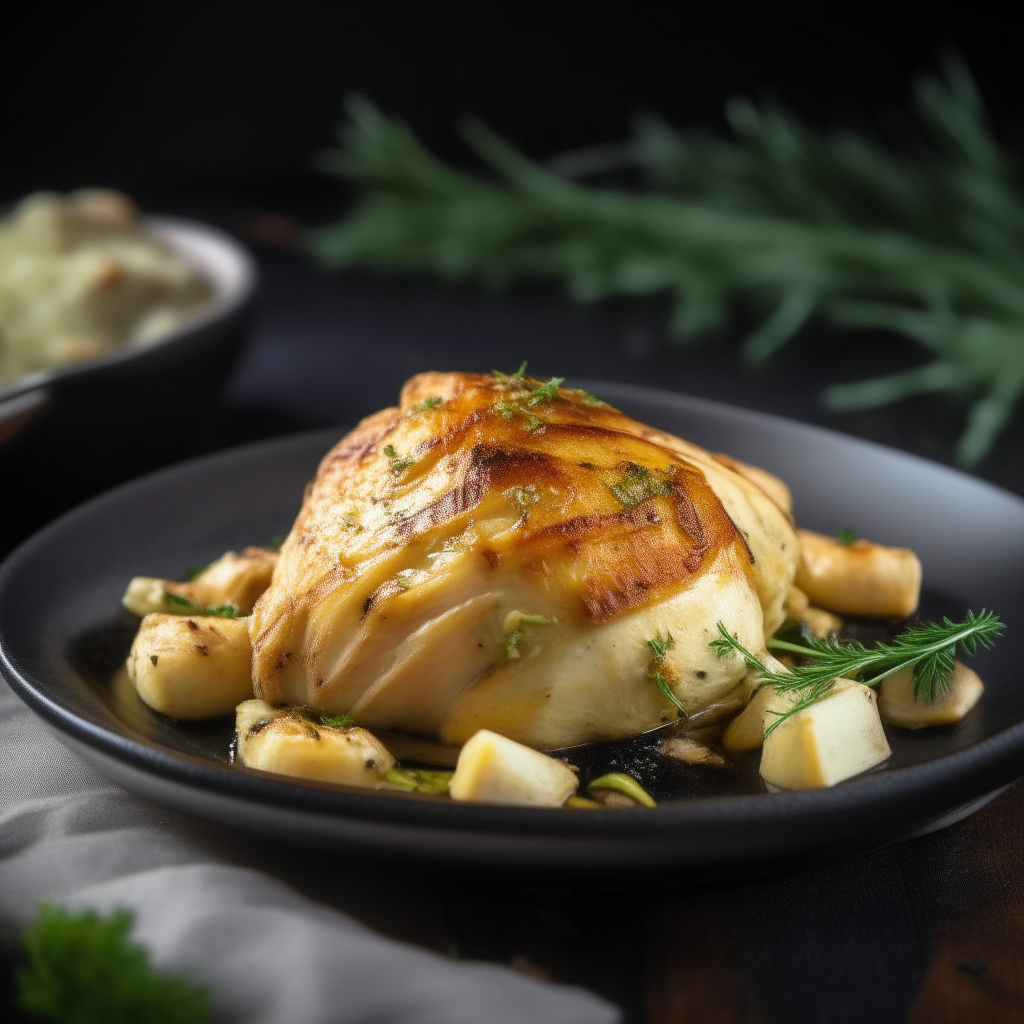 Pile of garlic herb chicken mini roast on a plate, shot at a 45 degree angle, razor sharp focus, natural lighting