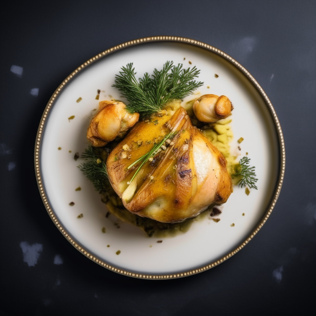 Top down view of garlic herb chicken mini roast on a plate, very detailed and completely in focus, bright studio lighting