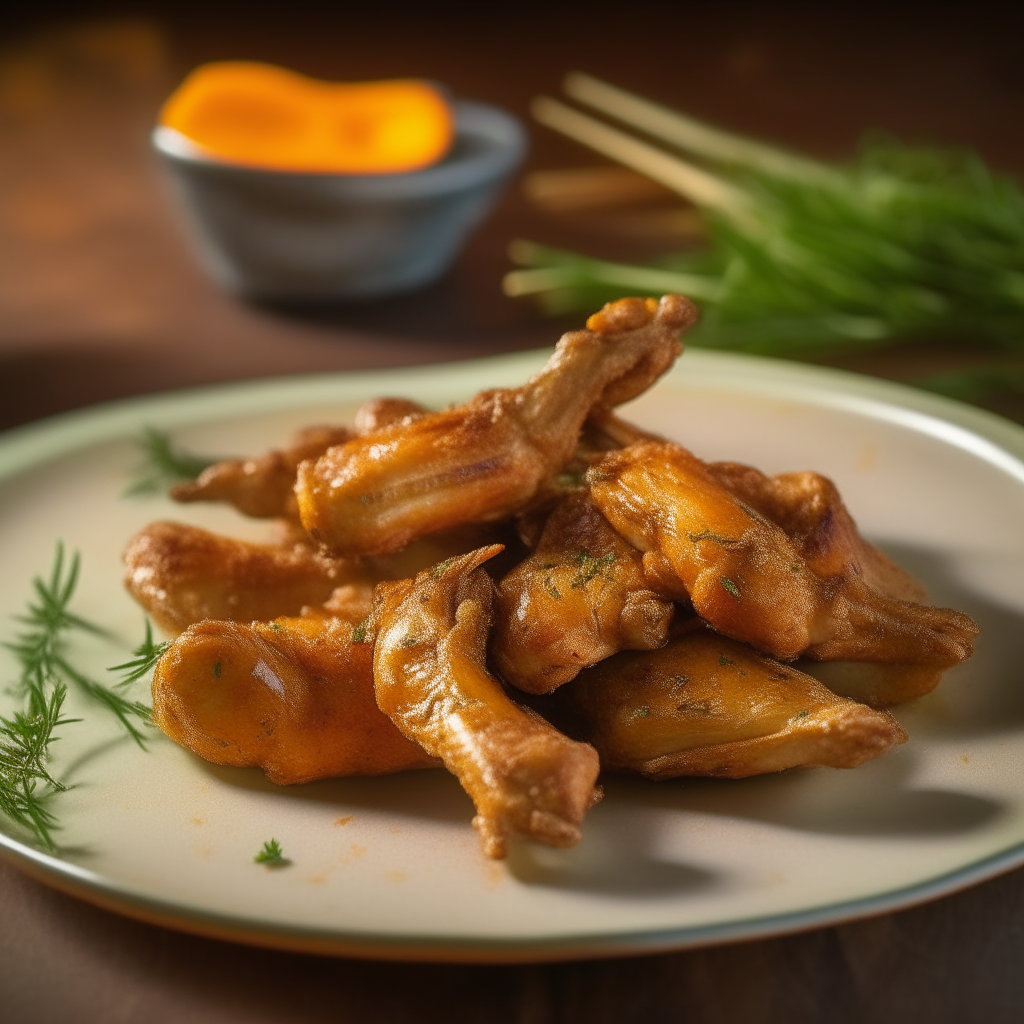 Pile of rosemary orange zest chicken wings on a plate, shot at a 45 degree angle, razor sharp focus, natural lighting