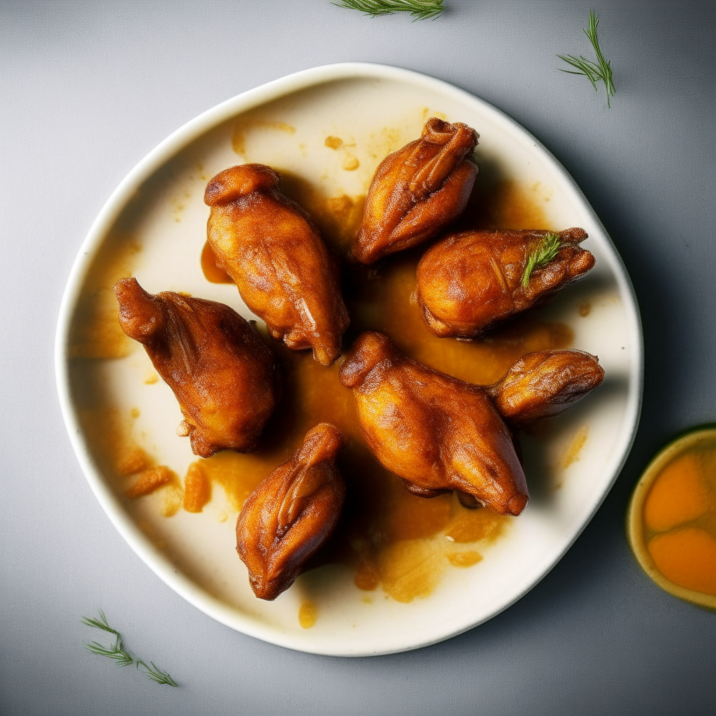 Top down view of rosemary orange zest chicken wings on a plate, very detailed and completely in focus, bright studio lighting