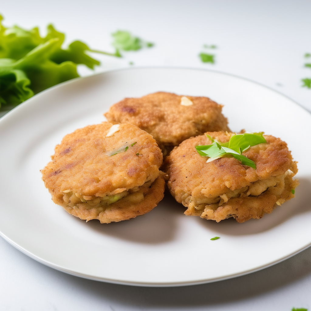 Almond-crusted turkey patties arranged on a white plate, extremely sharp focus, bright studio lighting