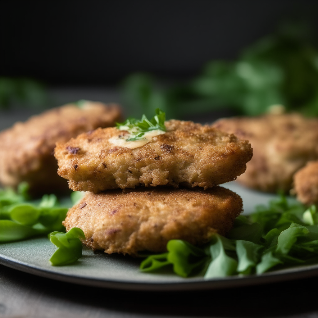 Pile of almond-crusted turkey patties on a plate, shot at a 45 degree angle, razor sharp focus, natural lighting