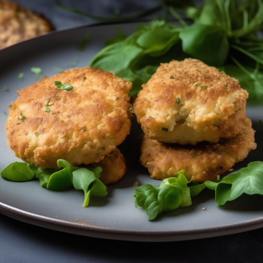 Top down view of almond-crusted turkey patties on a plate, very detailed and completely in focus, bright studio lighting