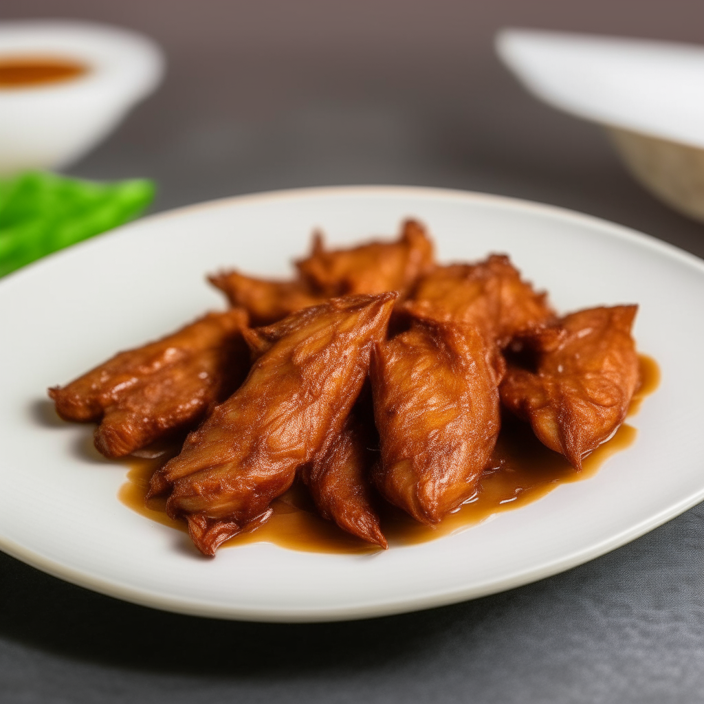 Garlic-soy marinated turkey tips arranged on a white plate, extremely sharp focus, bright studio lighting