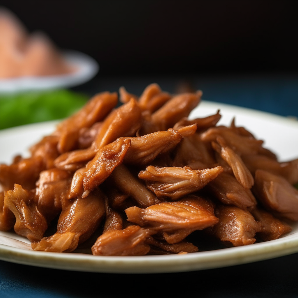 Pile of garlic-soy marinated turkey tips on a plate, shot at a 45 degree angle, razor sharp focus, natural lighting