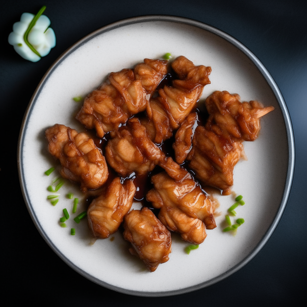 Top down view of garlic-soy marinated turkey tips on a plate, very detailed and completely in focus, bright studio lighting