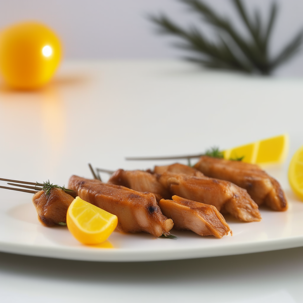 Rosemary orange turkey skewers arranged on a white plate, extremely sharp focus, bright studio lighting