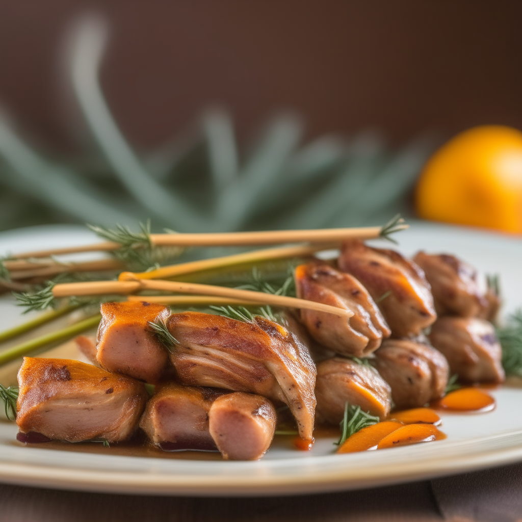 Pile of rosemary orange turkey skewers on a plate, shot at a 45 degree angle, razor sharp focus, natural lighting