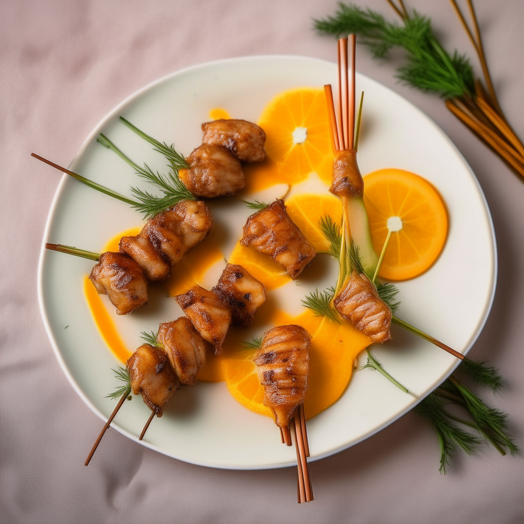 Top down view of rosemary orange turkey skewers on a plate, very detailed and completely in focus, bright studio lighting