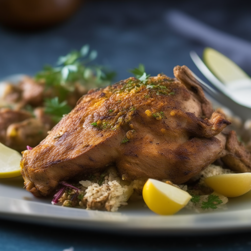 Pile of Mediterranean spiced turkey thighs on a plate, shot at a 45 degree angle, razor sharp focus, natural lighting