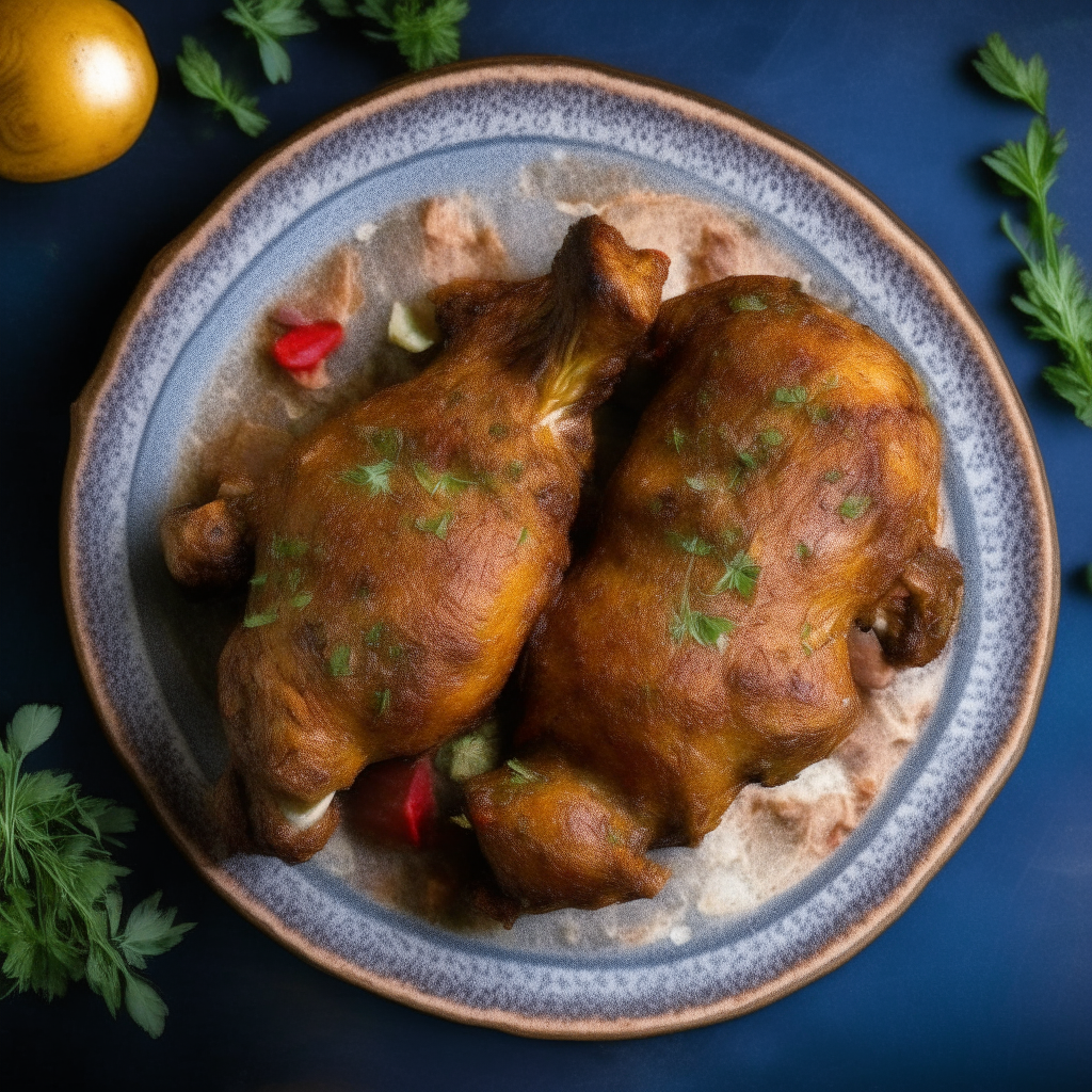 Top down view of Mediterranean spiced turkey thighs on a plate, very detailed and completely in focus, bright studio lighting