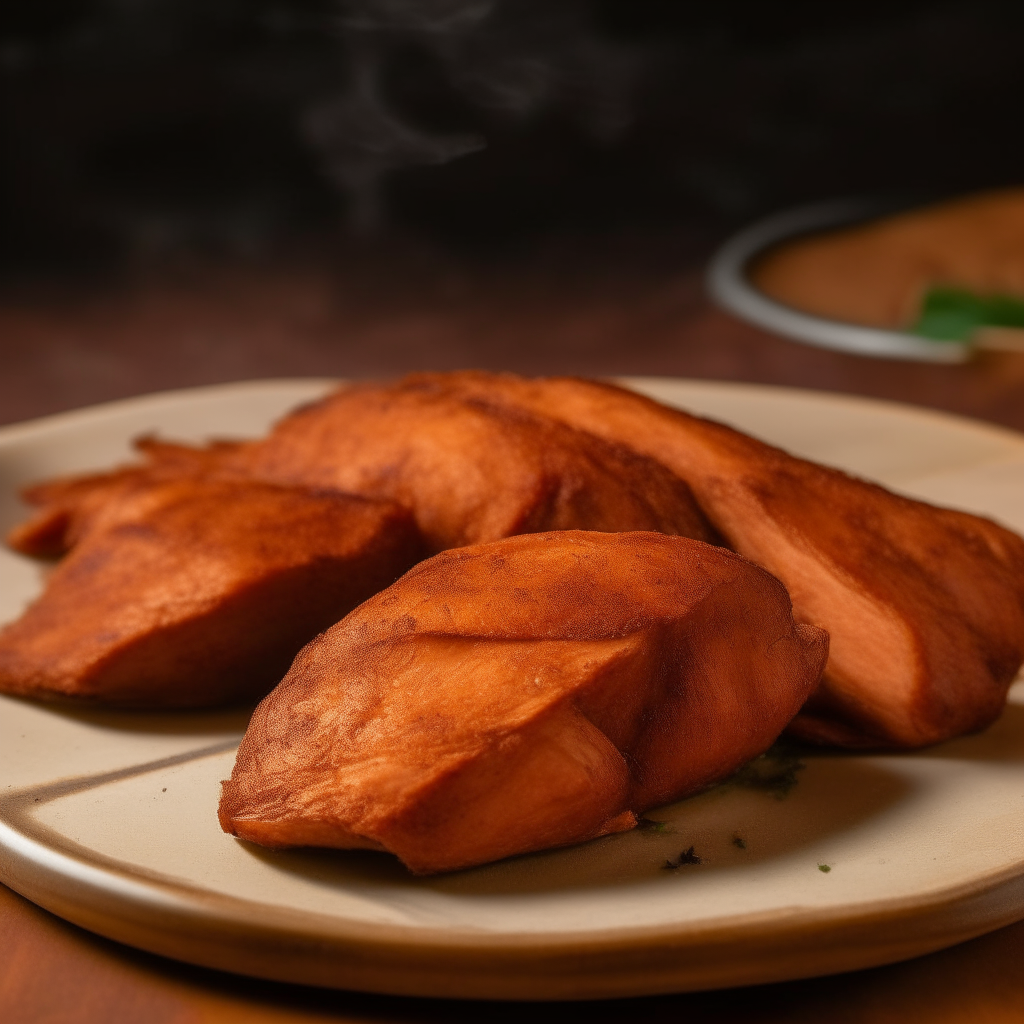 Pile of smoky paprika turkey tenderloins on a plate, shot at a 45 degree angle, razor sharp focus, natural lighting