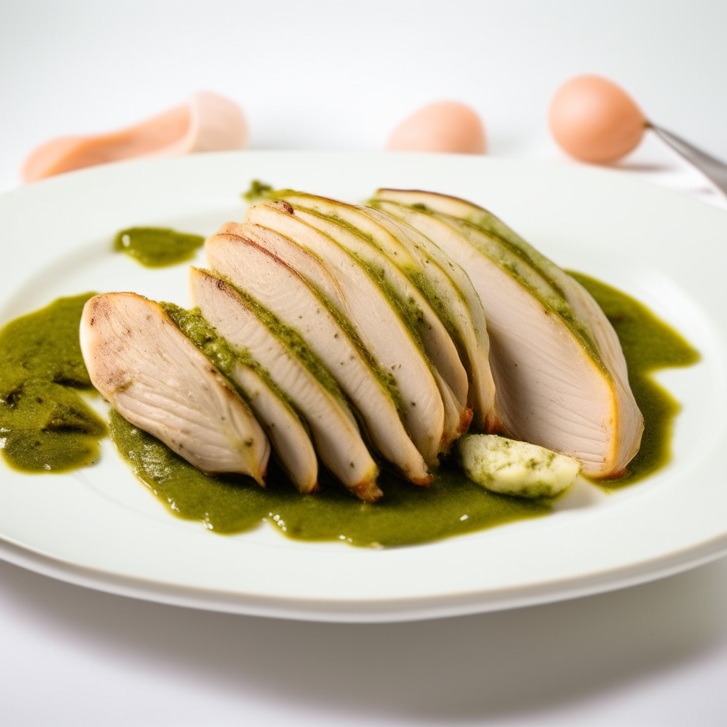 Pesto brushed turkey slices arranged on a white plate, extremely sharp focus, bright studio lighting