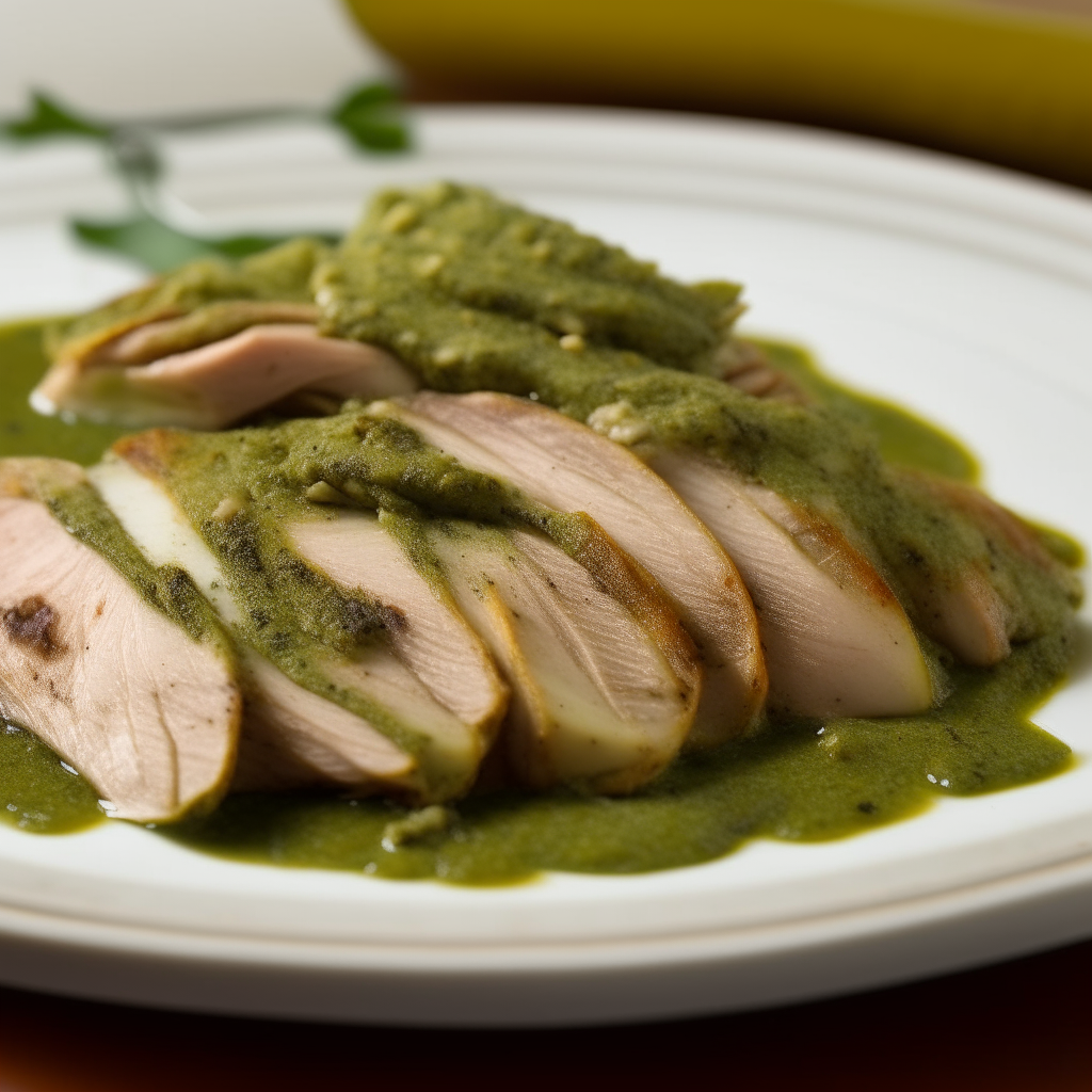 Pile of pesto brushed turkey slices on a plate, shot at a 45 degree angle, razor sharp focus, natural lighting