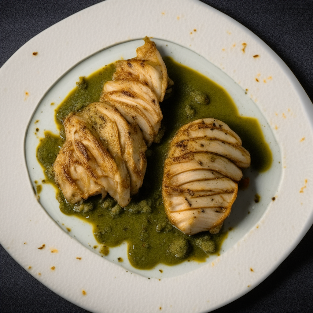 Top down view of pesto brushed turkey slices on a plate, very detailed and completely in focus, bright studio lighting