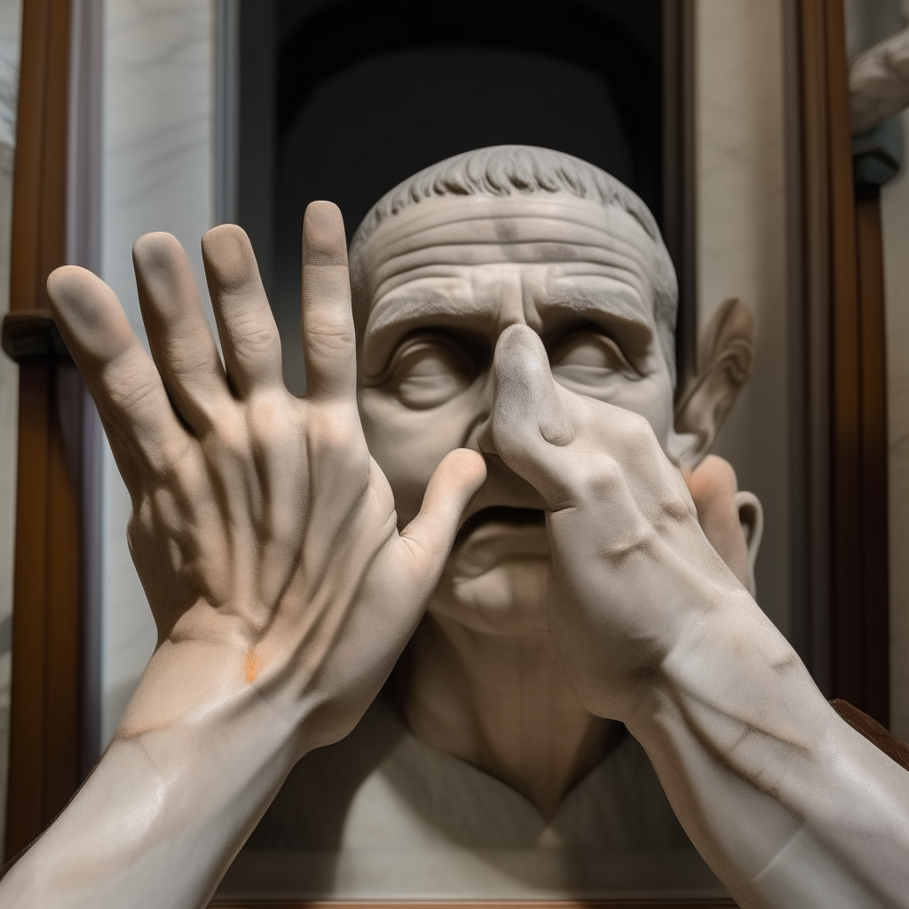 two hands and the head cut from neck of old roman senator Cicero. the hands and the head are nailed over the door of the senate, front view