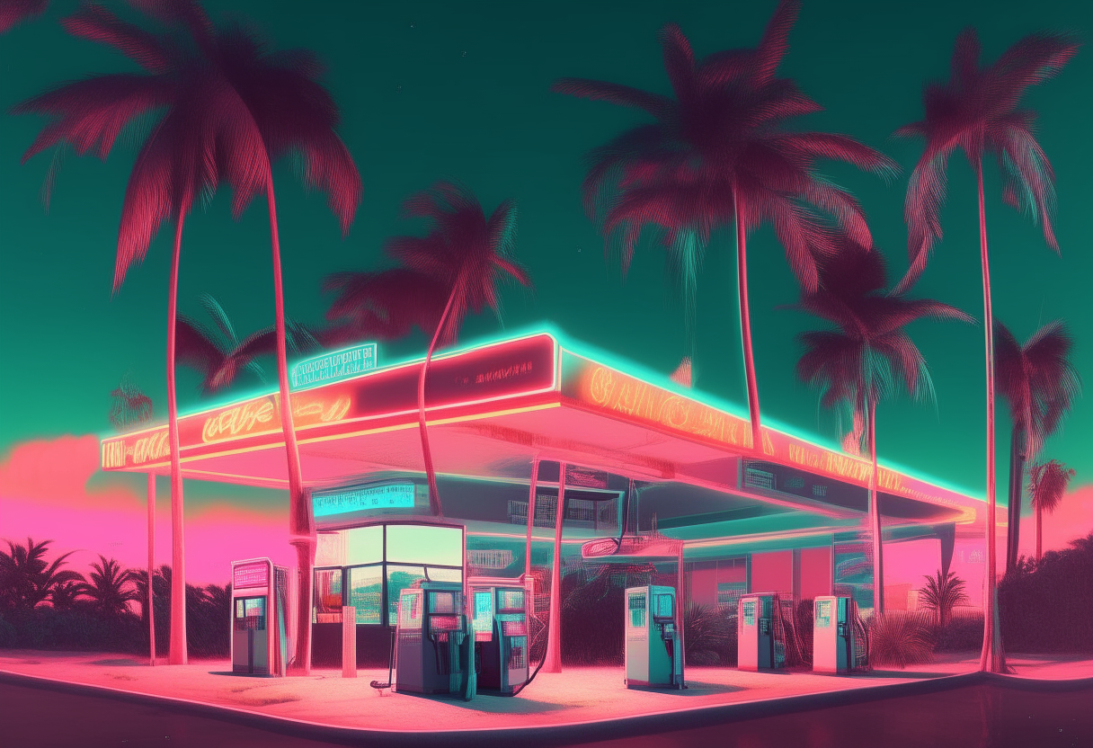 A 1980s gas station in Miami, Florida with palm trees and neon signs, digital art