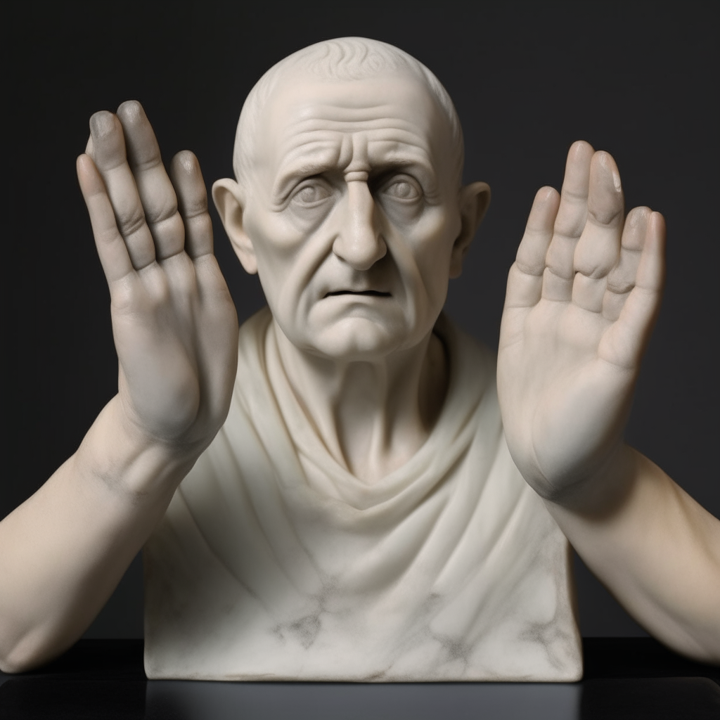 two hands and the head cut from neck of old roman senator Cicero. the hands and the head, front view