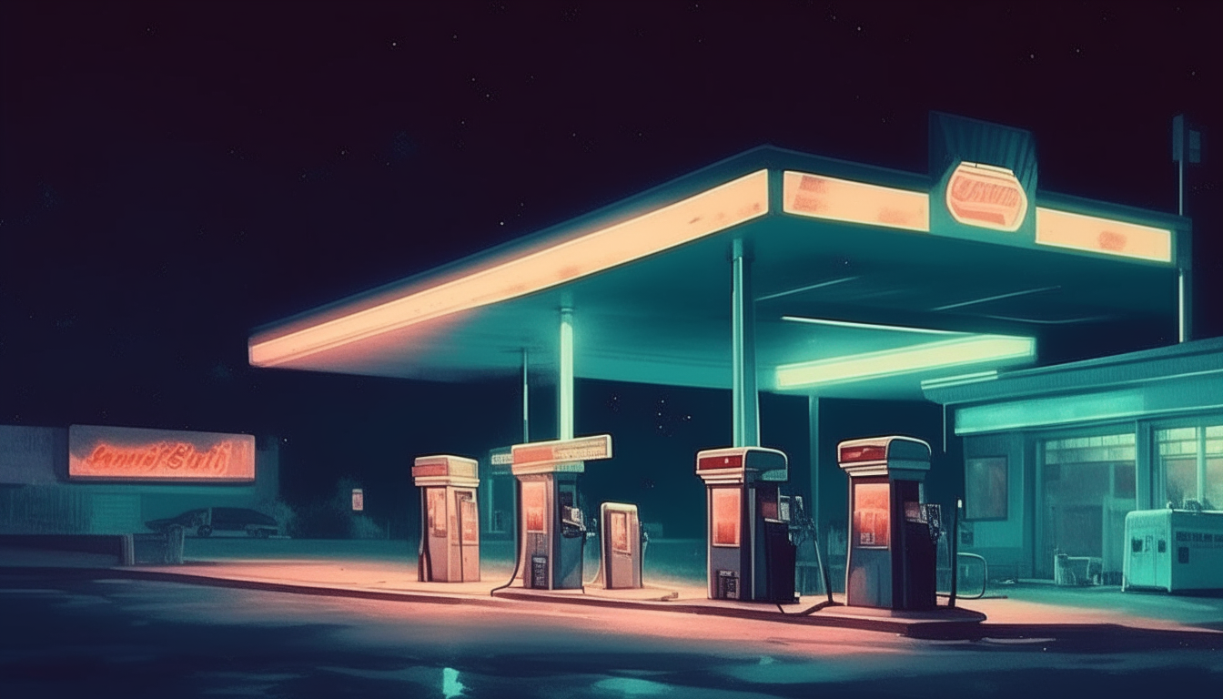 An old gas station at night in 1980s Miami, Florida, digital art painting