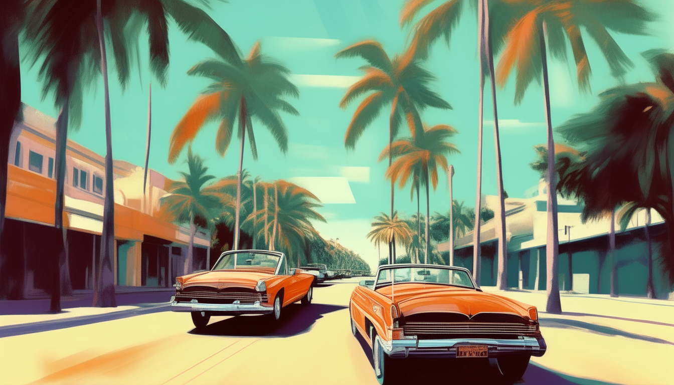 A convertible driving down a palm tree lined street in 1980s Miami, Florida, digital art painting