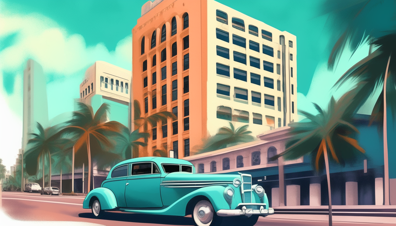 An old car driving past art deco buildings in 1980s Miami, Florida, digital painting