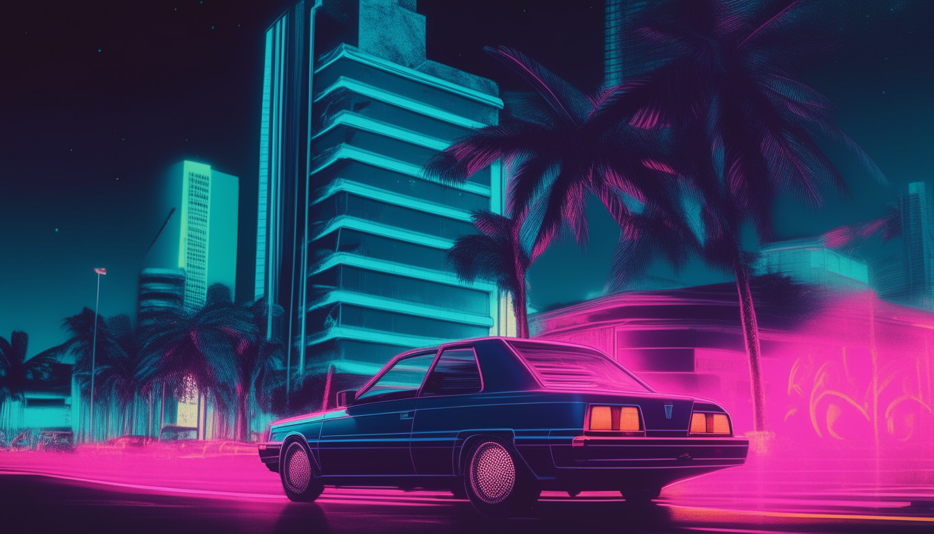 A car driving at night past neon lit hotels in 1980s Miami, digital painting