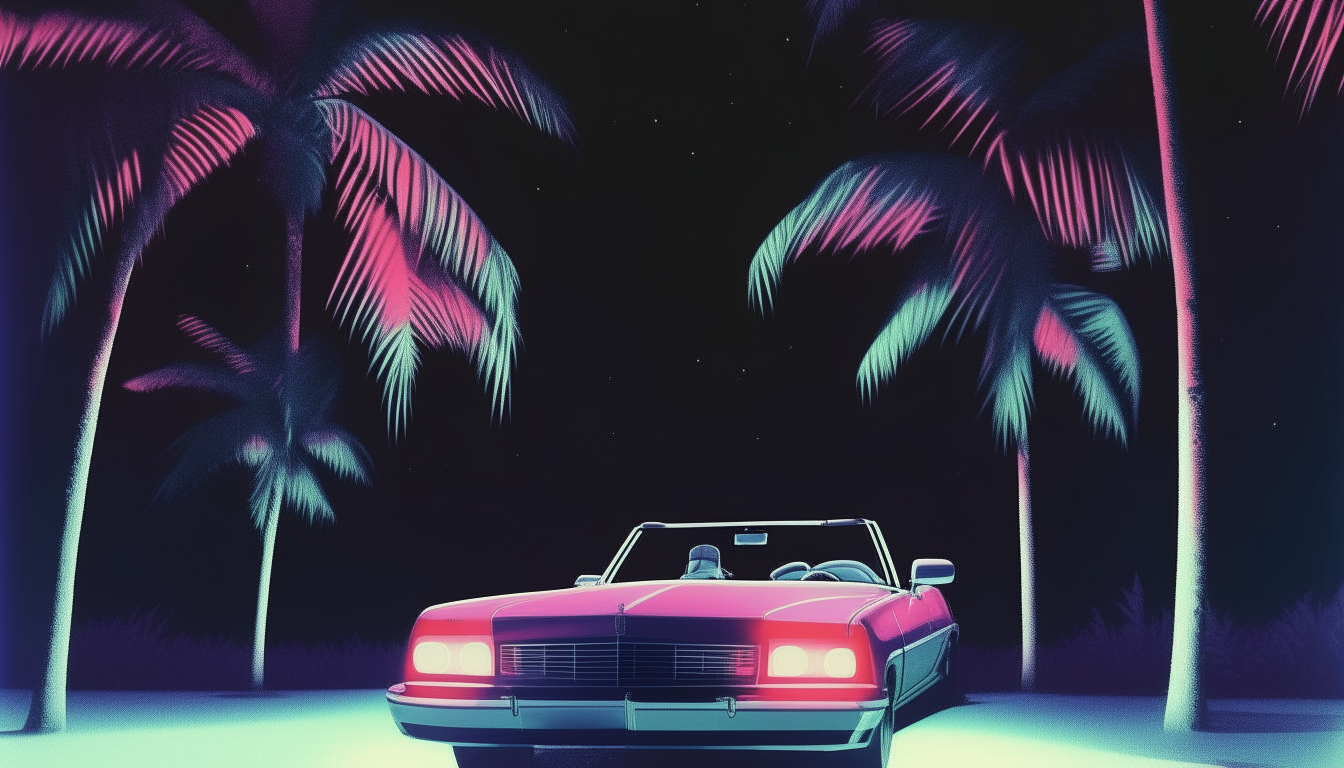 A convertible driving at night underneath palm trees in 1980s Miami, digital art