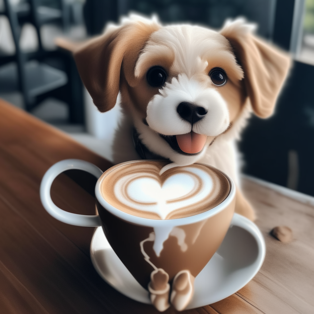 a happy puppy drinking a latte with heart-shaped foam art