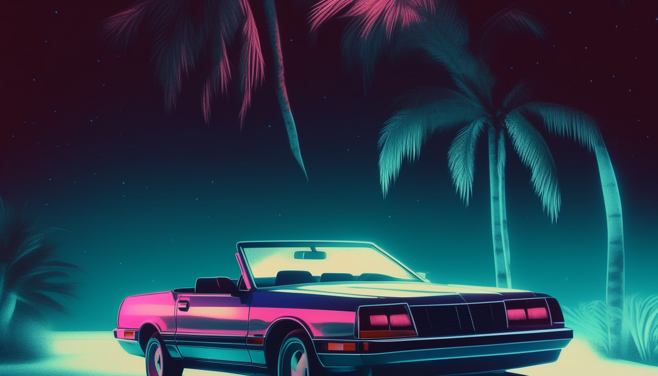 A blue 1982 Ford Mustang GT convertible driving at night underneath palm trees in 1980s Miami, digital art