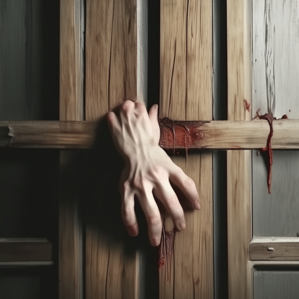 two male hands cut off the body, bleeding, nailed over ancient wooden door, front view