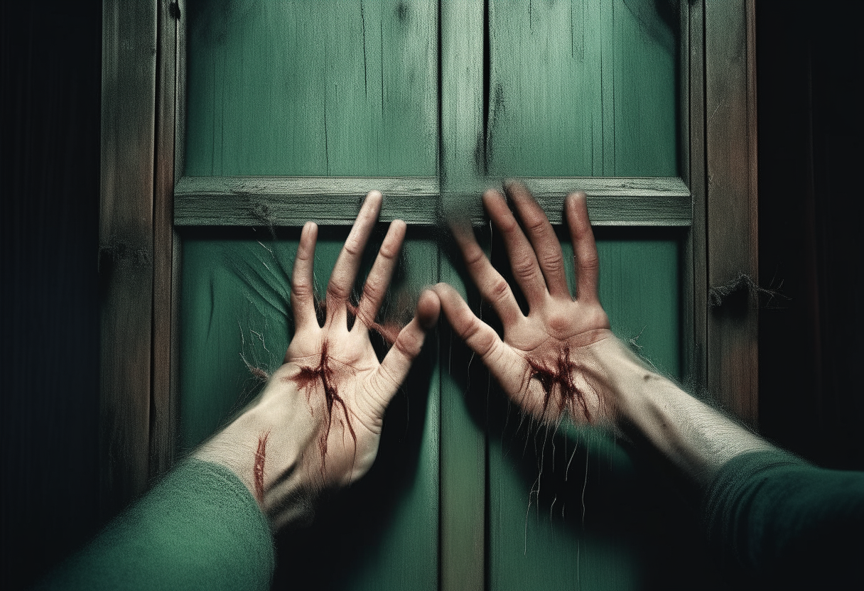 two male hands cut off the body, bleeding, nailed over ancient wooden door, front view