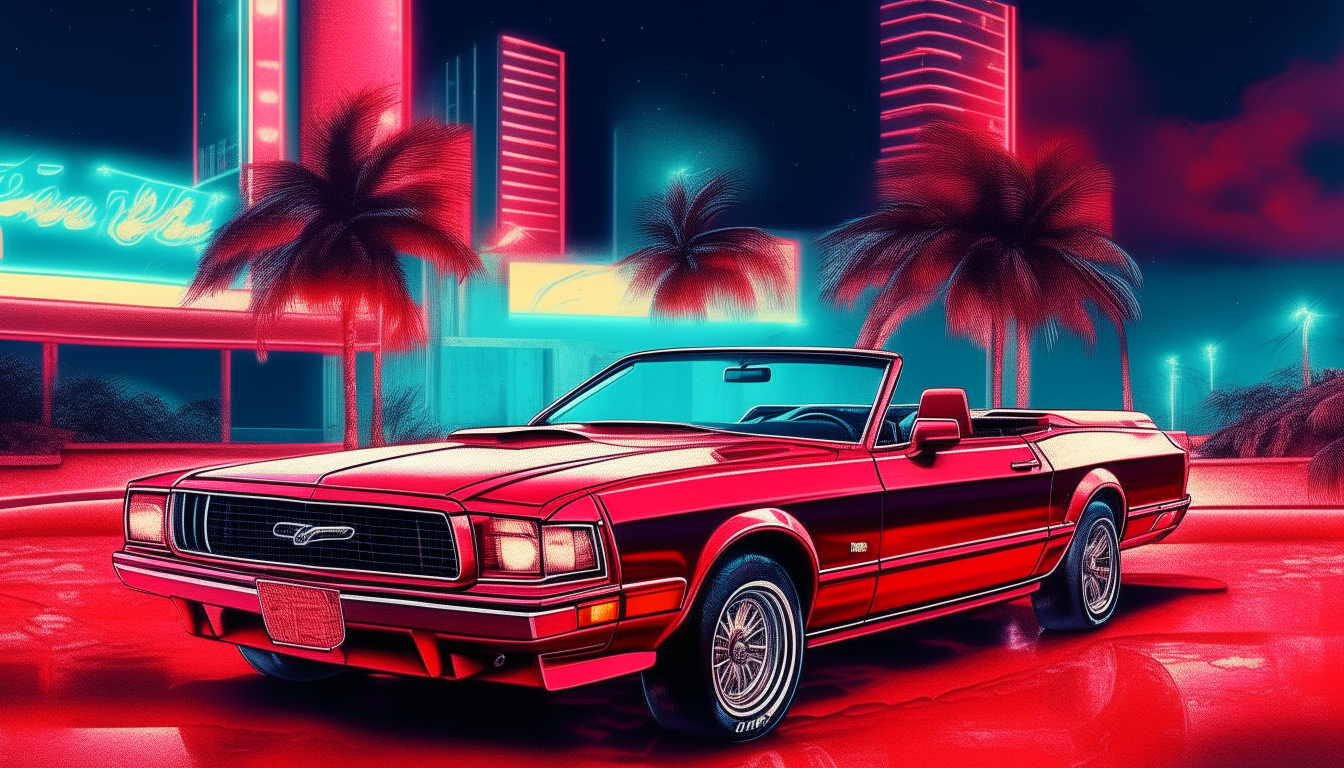 A red 1982 Ford Mustang GT convertible driving at night past neon lit art deco hotels in 1980s Miami, extremely detailed and realistic digital painting