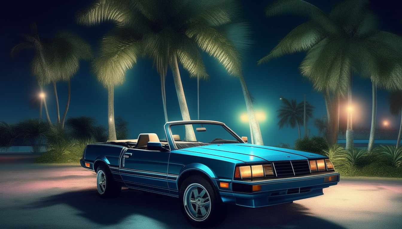 A blue 1982 Ford Mustang GT convertible driving at night underneath palm trees in 1980s Miami, extremely detailed and photorealistic digital art rendering