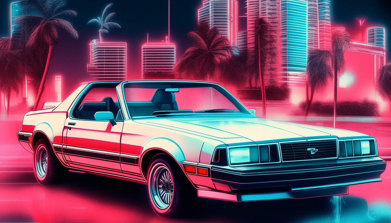 A white 1982 Ford Mustang GT convertible driving at night past neon lit hotels in 1980s Miami, extremely detailed digital art rendering