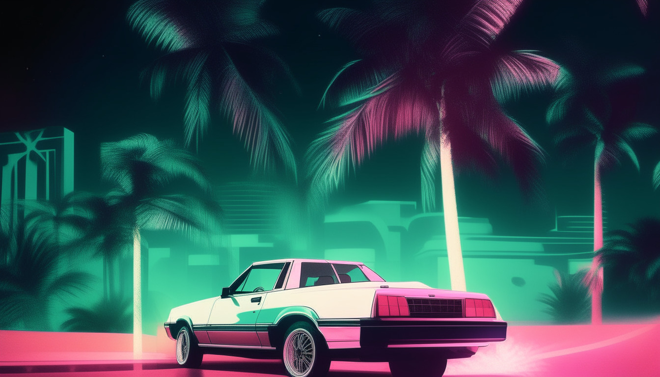A white 1982 Ford Mustang GT convertible driving at night underneath palm trees in 1980s Miami, digital art