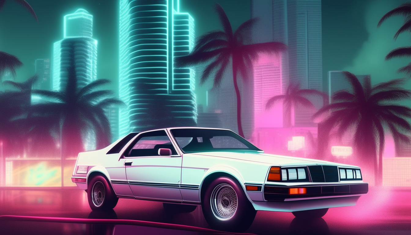 A highly detailed and photorealistic rendering of a white 1982 Ford Mustang GT convertible driving at night past neon lit hotels in 1980s Miami