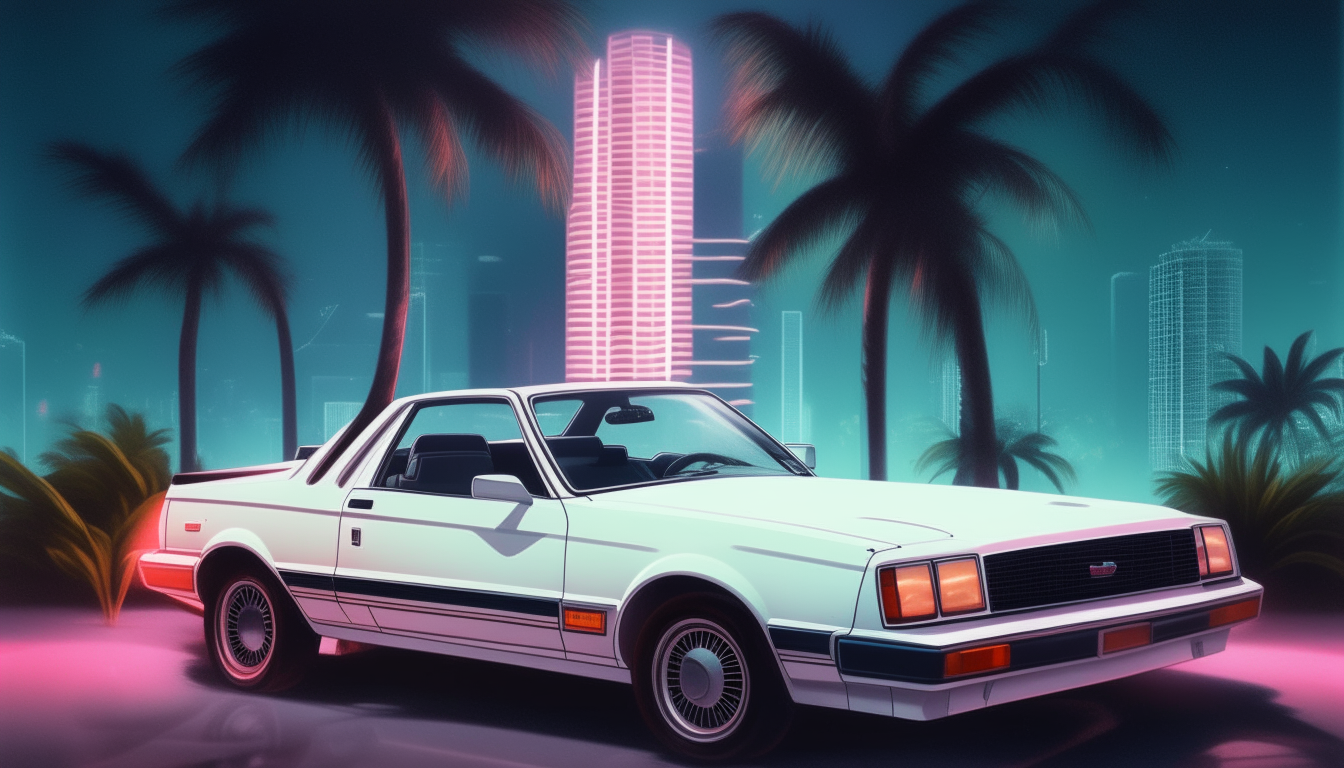 An extremely realistic painting of a white 1982 Ford Mustang GT convertible driving at night underneath palm trees in 1980s Miami