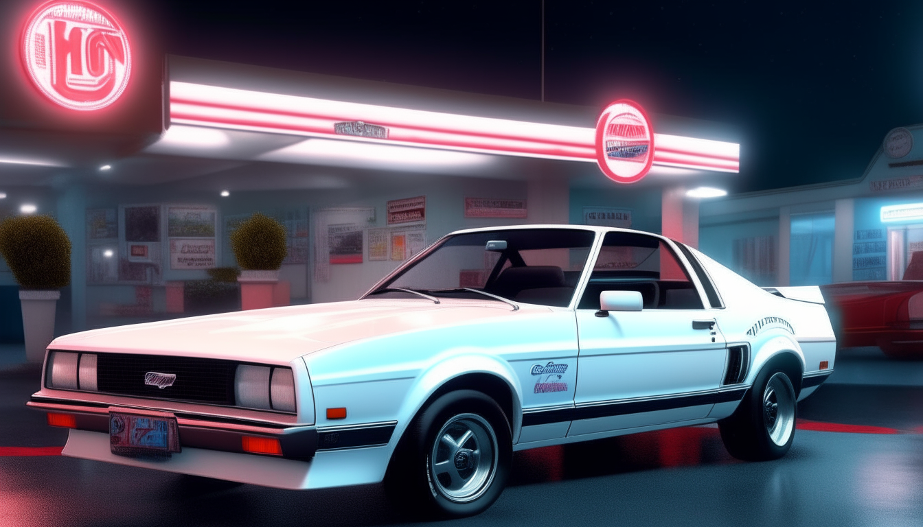 A white 1982 Ford Mustang GT convertible parked at a neon lit gas station in 1980s Miami, extremely detailed and photorealistic 4k digital art rendering