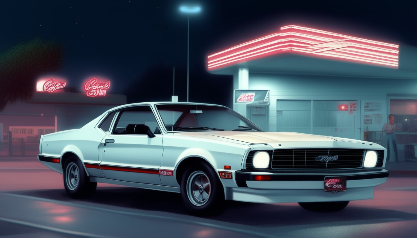 A white 1982 Ford Mustang GT convertible parked at a retro 1980s gas station at night in Miami, highly detailed and realistic 4k digital painting