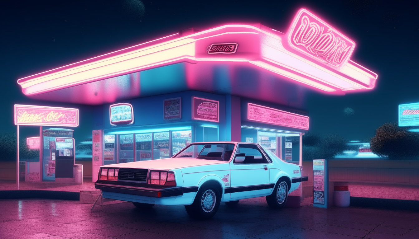 A 1980s gas station at night in Miami with glowing neon blue and pink lighting and signs, highly detailed digital art
