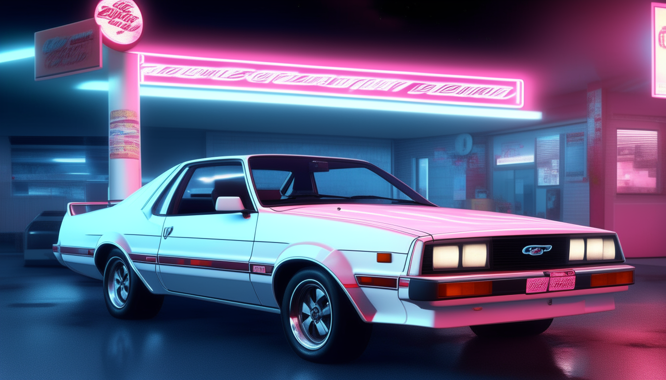 A white 1982 Ford Mustang GT parked at a 1980s Miami gas station with bright glowing neon blue and pink lighting, photorealistic digital painting