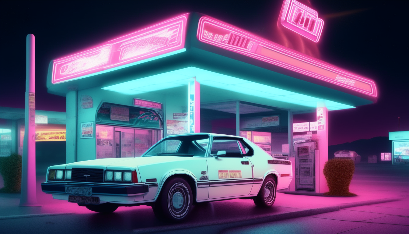 A 1980s Miami gas station at night with glowing neon signs and a white 1982 Ford Mustang GT convertible parked, highly detailed digital art