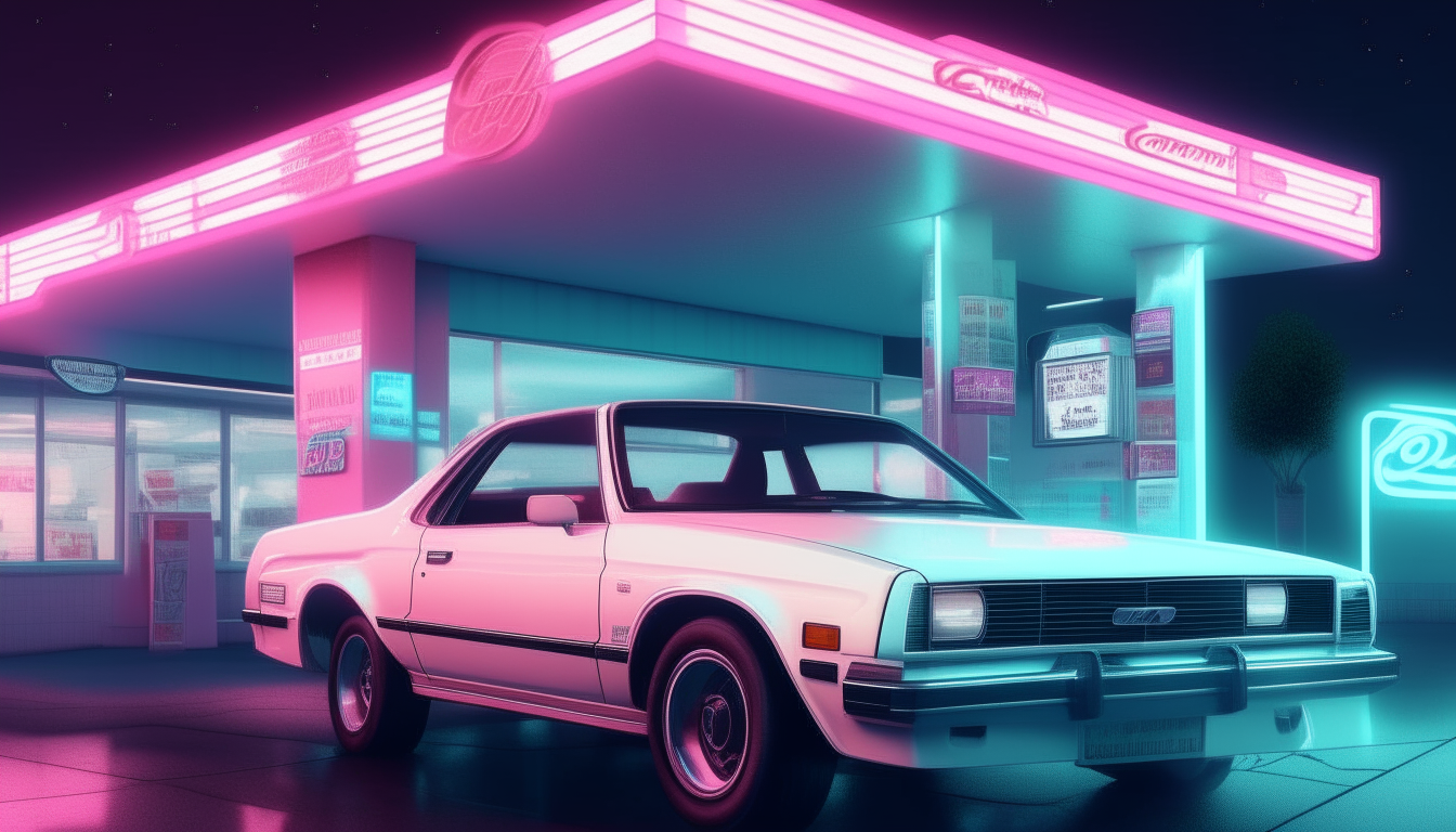 A 1980s Miami gas station at night with bright neon lighting and a white 1982 Ford Mustang GT convertible, photorealistic digital painting