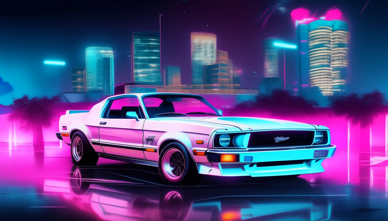 A white 1982 Ford Mustang GT convertible driving at night through downtown Miami surrounded by bright glowing neon blue and pink lighting, highly detailed digital art painting